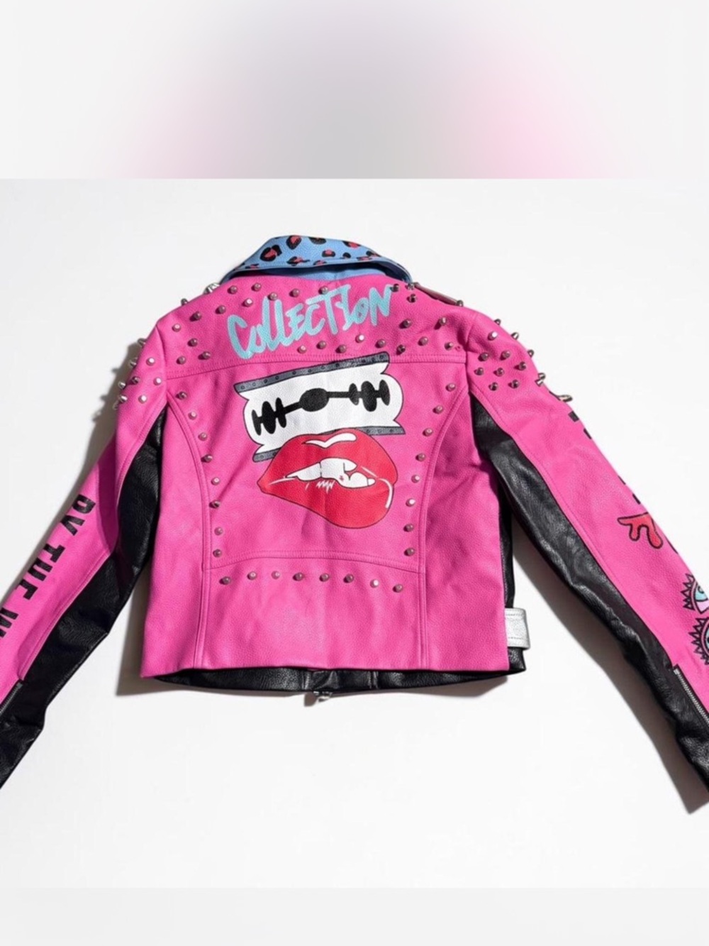 Pink & Black Graphic Studded Moto Jacket - Women's Statement Coat - Picture 5 of 8